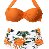 Orange Floral Halter Bikini Set Swimsuit