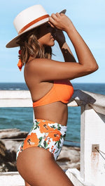 Orange Floral Halter Bikini Set Swimsuit