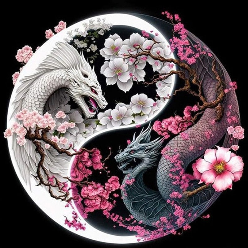 White Black Dragon Flower Circle - Diamond Painting Kit