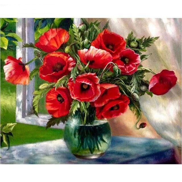 Red Splendor In Vase - Paint By Number Kit
