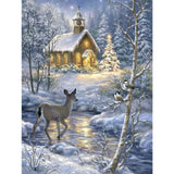 Snow Cottage & Deer - Diamond Painting Kit