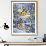Snow Cottage & Deer - Diamond Painting Kit