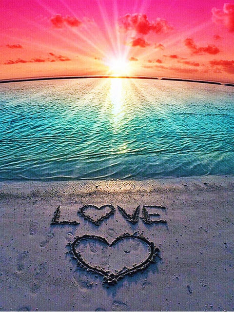 Sunrise Hearts Love On Beach - Diamond Painting Kit