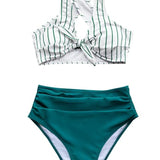 Teal Striped  Two piece Bikini Set  Swimsuit