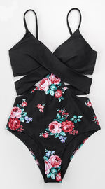 Black Floral Cutout One Piece Swimsuit