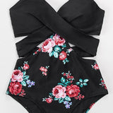 Black Floral Cutout One Piece Swimsuit