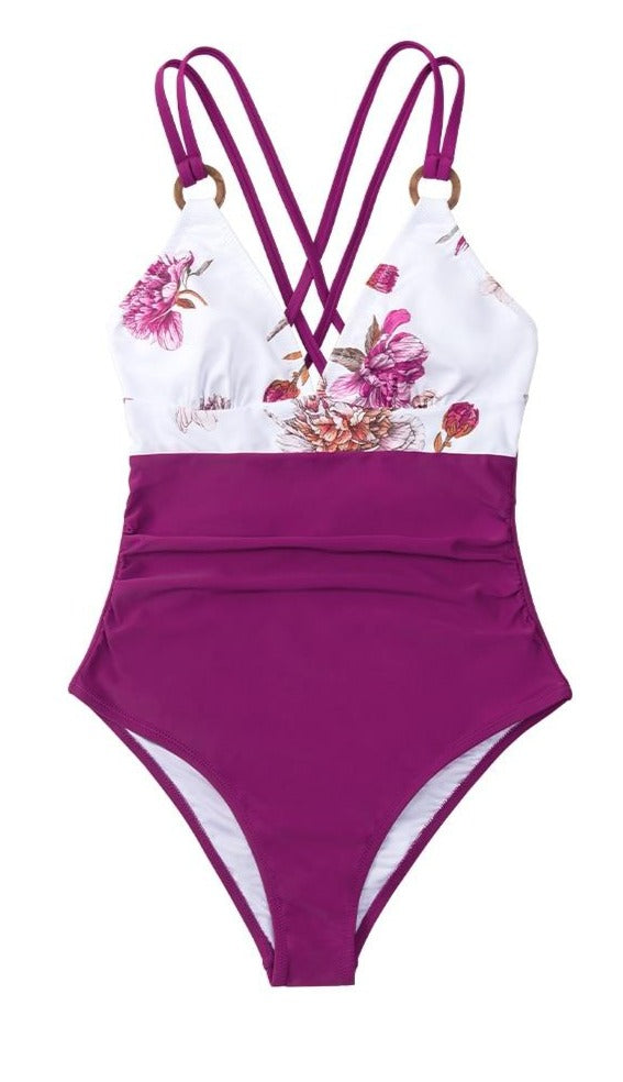 Purple Floral O-Ring One-piece Swimsuit