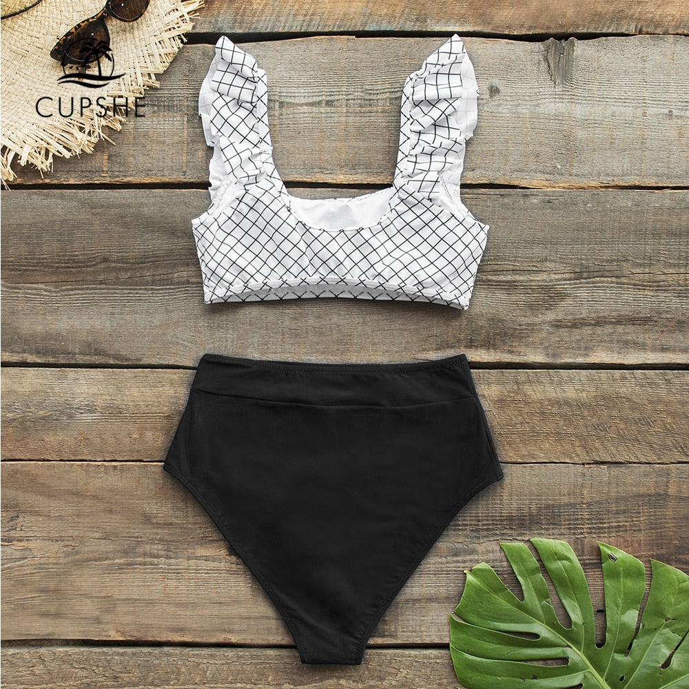 White Black Plaid Ruffled High Waist Bikini Set Swimsuit