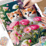 Cat Pair In Flowers  - Diamond Painting Kit