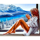 Woman Sitting On Window Shelf - Diamond Painting Kit