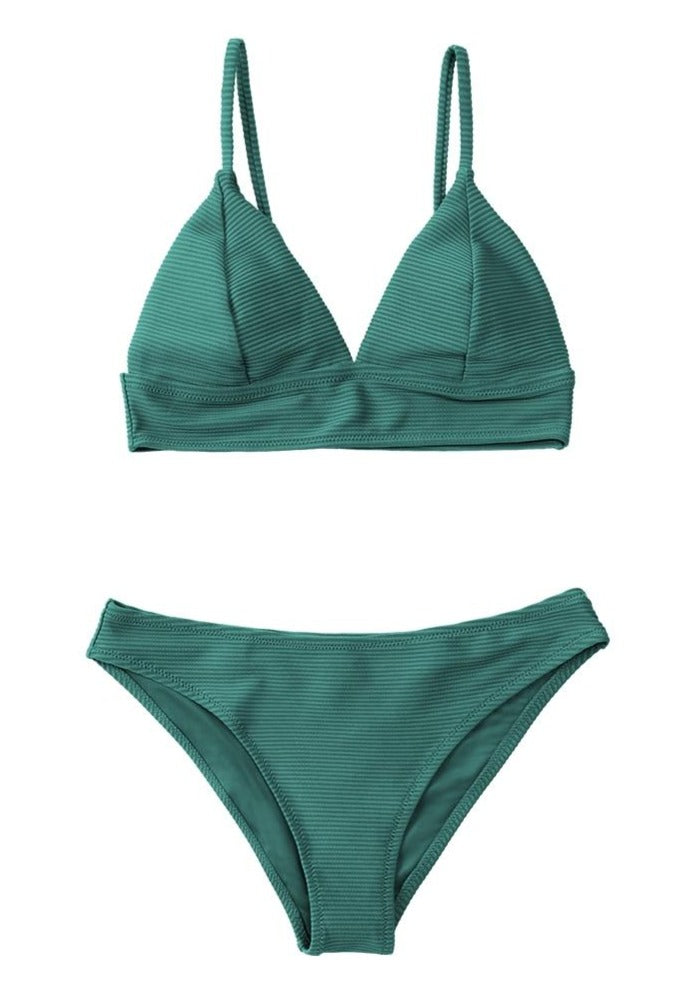 Meiliwanju Women's Shirred Triangle Bikini Top Low Rise Bottom Double Strap V Neck Bathing Suits 2 Piece Swimsuits Bikini Set, Size: Small, Green