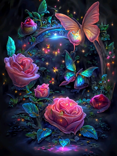 Diamond Painting Butterfly And Rose Flowers Lovely Design Canvas Wall  Decoration