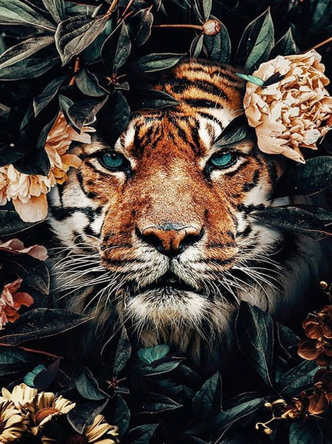 Tiger Face Flowers - Diamond Painting Kit