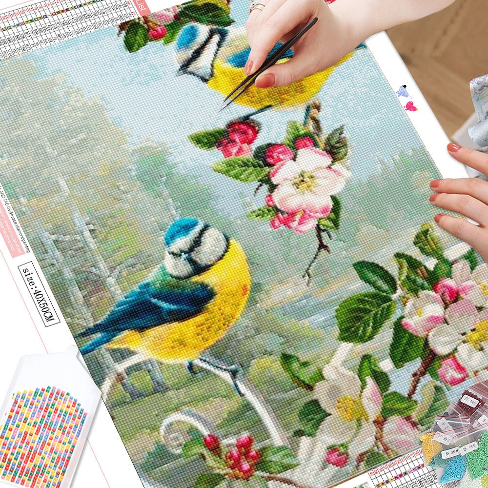 Sparrows In Springtime - Diamond Painting Kit